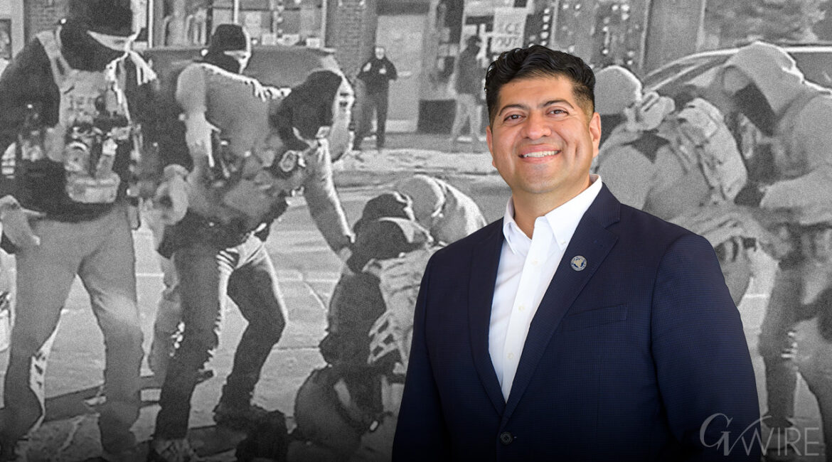 Composite image of federal agents killing Alex Pretti superimposed behind an image of Fresno County Supervisor Luis Chavez