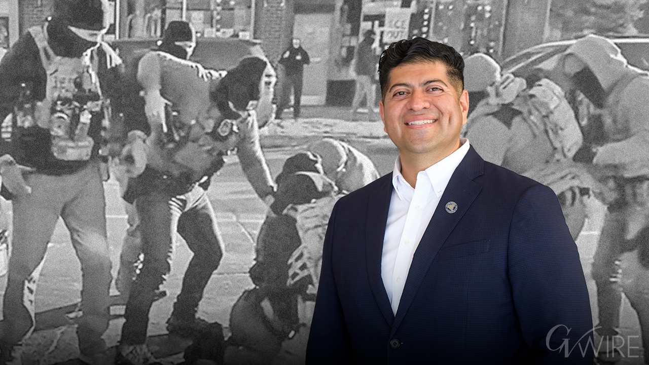 Composite image of federal agents killing Alex Pretti superimposed behind an image of Fresno County Supervisor Luis Chavez