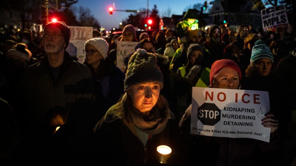 Image of people attending a vigil for Renee Nicole Good, who was shot to death by an ICE agent in Minneapolis, MInnesota