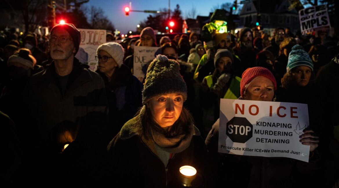 Image of people attending a vigil for Renee Nicole Good, who was shot to death by an ICE agent in Minneapolis, MInnesota
