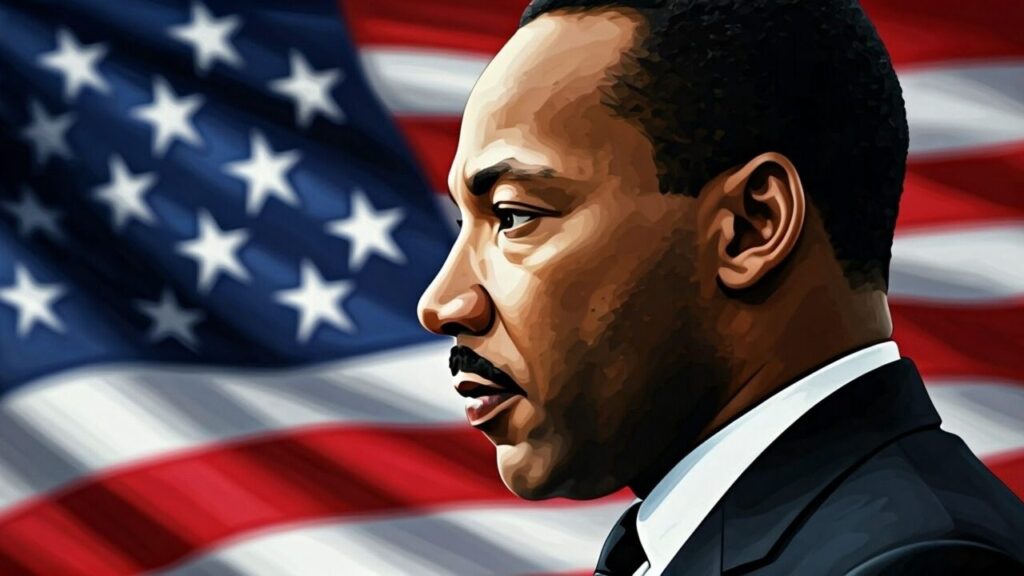 Illustration of Martin Luther King Jr. with an American flag in the background