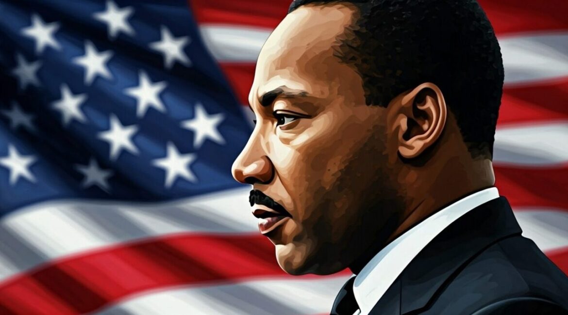Illustration of Martin Luther King Jr. with an American flag in the background
