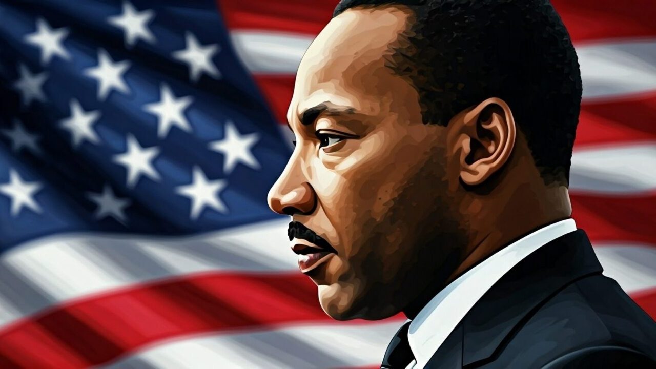 Illustration of Martin Luther King Jr. with an American flag in the background