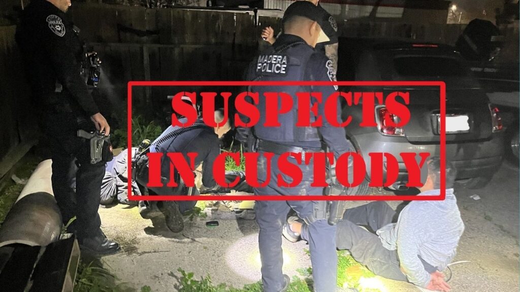 Madera police arrested two men after surveillance footage showed them unlawfully entering a business and tampering with a vehicle in the 800 block of S. Gateway Drive. (Madera PD)