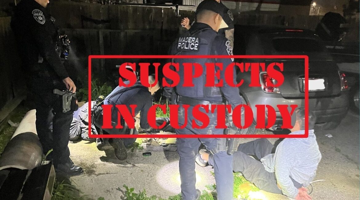 Madera police arrested two men after surveillance footage showed them unlawfully entering a business and tampering with a vehicle in the 800 block of S. Gateway Drive. (Madera PD)