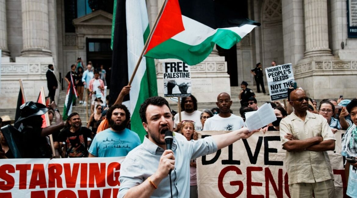 Mahmoud Khalil speaks to people as they gather at Bryant Park, to participate in a "Stop starving Gaza" march during the ongoing conflict between Israel and Hamas, in New York City, U.S., August 16, 2025. (Reuters/Eduardo Munoz)