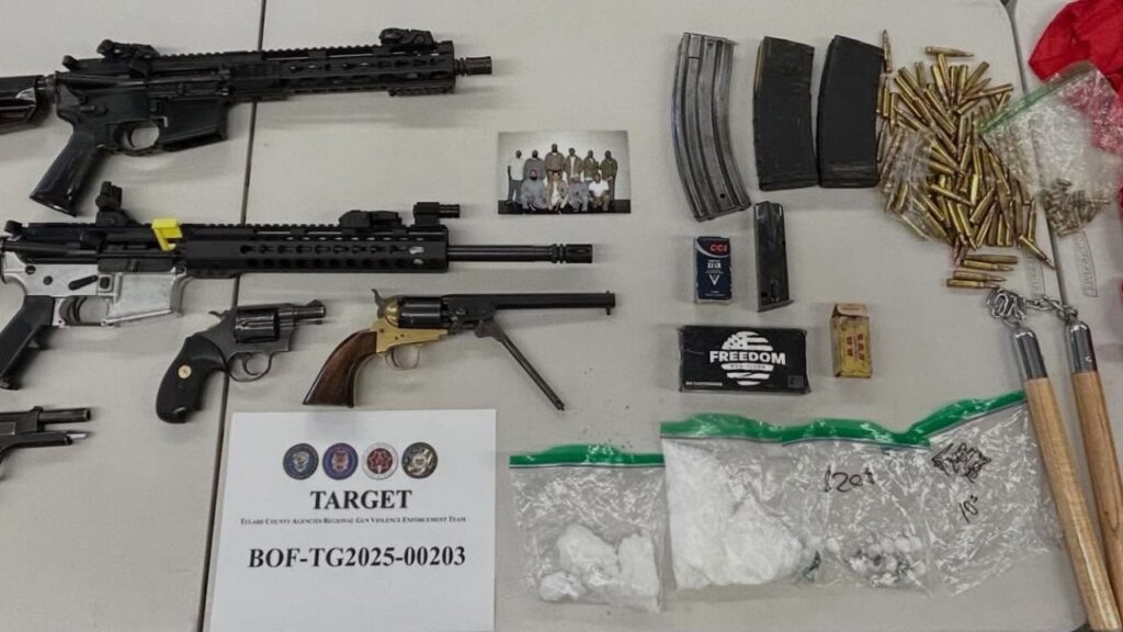 Mark Anthony Garza, 38, of Porterville was arrested Jan. 9, 2026, on an outstanding felony warrant after a search of his residence uncovered firearms, ghost guns, ammunition and methamphetamine, authorities said. (Visalia PD)