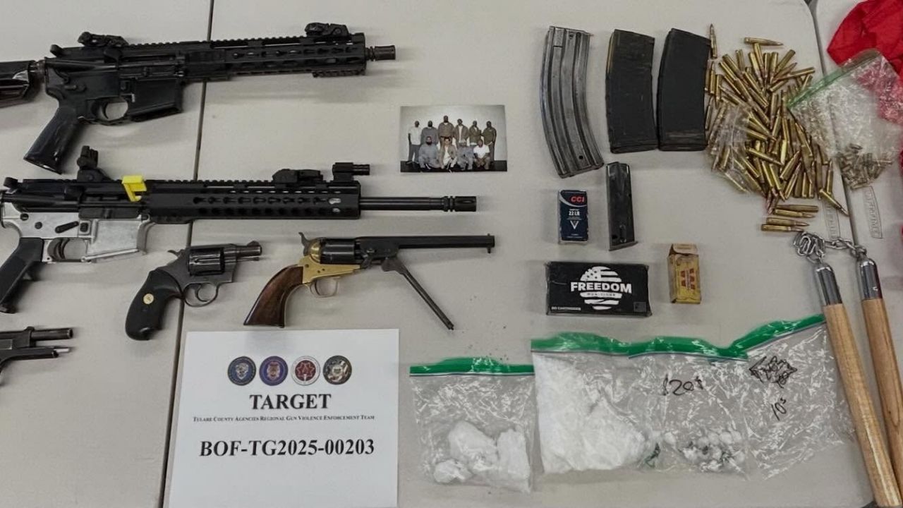 Mark Anthony Garza, 38, of Porterville was arrested Jan. 9, 2026, on an outstanding felony warrant after a search of his residence uncovered firearms, ghost guns, ammunition and methamphetamine, authorities said. (Visalia PD)