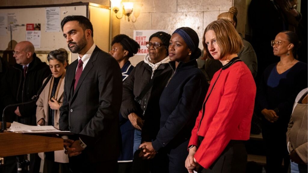 Mayor Zohran Mamdani visits a rent-stabilized apartment building in Brooklyn to discuss his new administration’s appointments and policies on Thursday, Jan. 1, 2026. Mamdani signed an executive order on Thursday revoking all orders issued by former Mayor Eric Adams after his indictment on federal corruption charges, including two that he had touted as support for Israel. (Dave Sanders/The New York Times)