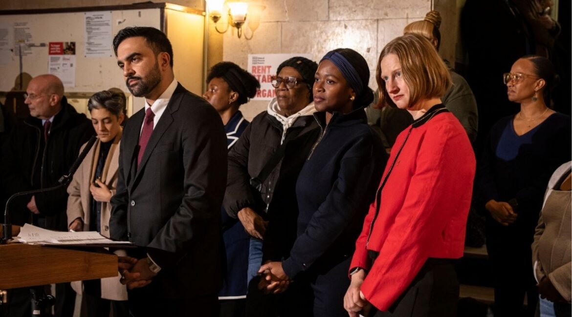 Mayor Zohran Mamdani visits a rent-stabilized apartment building in Brooklyn to discuss his new administration’s appointments and policies on Thursday, Jan. 1, 2026. Mamdani signed an executive order on Thursday revoking all orders issued by former Mayor Eric Adams after his indictment on federal corruption charges, including two that he had touted as support for Israel. (Dave Sanders/The New York Times)