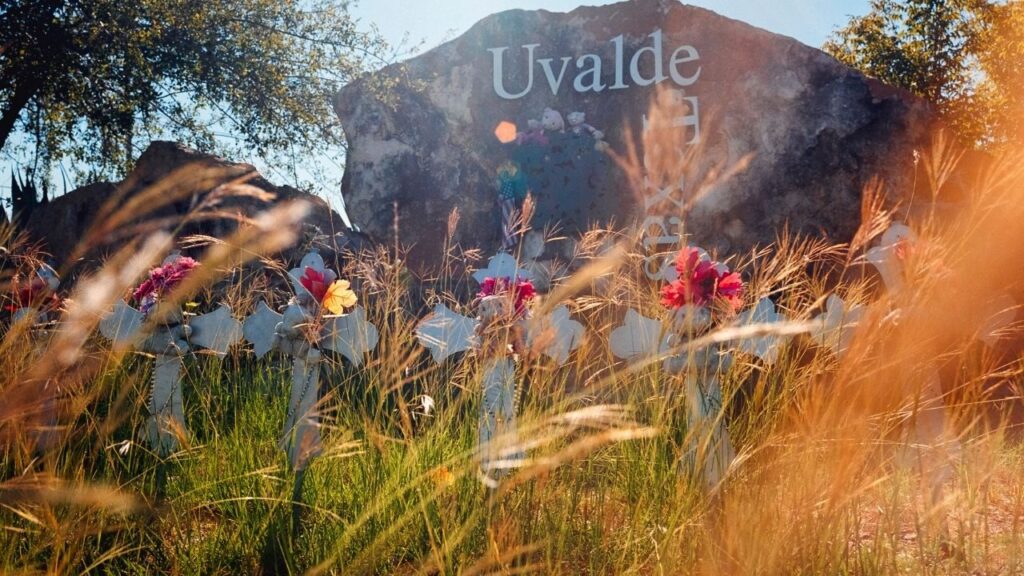 Memorials honoring the victims of the Robb Elementary School shooting in Uvalde, Texas, Sept. 30, 2024. More than three years after a gunman massacred 21 people at Uvalde’s Robb Elementary in one of the worst school shootings in U.S. history, a former school police officer was found not guilty of abandoning and endangering children. (Christopher Lee/The New York Times)