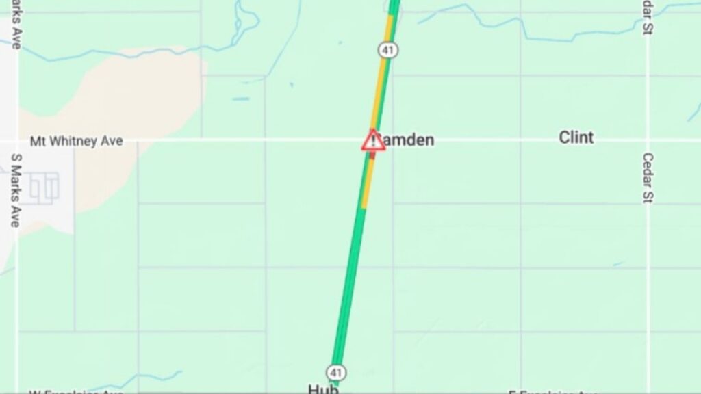 Northbound Highway 41 is blocked at Excelsior Avenue in Fresno County after a big rig overturned, with delays expected until about 5 p.m. on Friday, Jan. 16, 2026. (Caltrans)