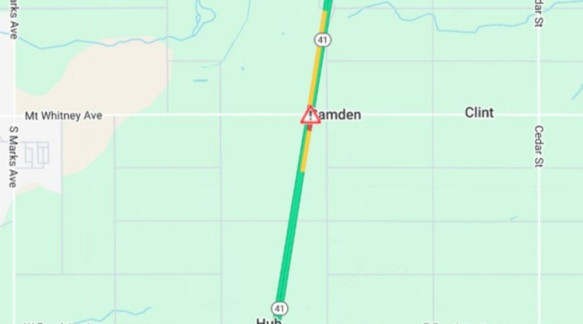 Northbound Highway 41 is blocked at Excelsior Avenue in Fresno County after a big rig overturned, with delays expected until about 5 p.m. on Friday, Jan. 16, 2026. (Caltrans)