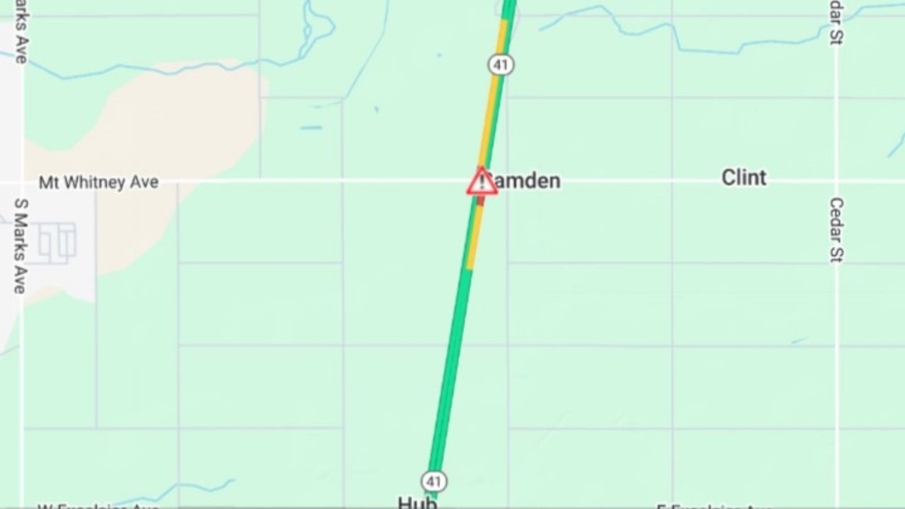 Northbound Highway 41 is blocked at Excelsior Avenue in Fresno County after a big rig overturned, with delays expected until about 5 p.m. on Friday, Jan. 16, 2026. (Caltrans)