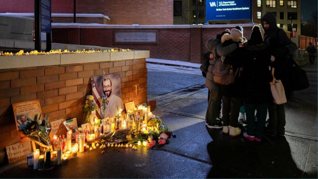 Nurses gather at a memorial for Alex Pretti, an ICU nurse who was fatally shot by federal immigration agents trying to detain him in Minneapolis, Minnesota, at the Margaret Cochran Corbin VA Campus in New York City, U.S., January 29, 2026. (Reuters/David 'Dee' Delgado)