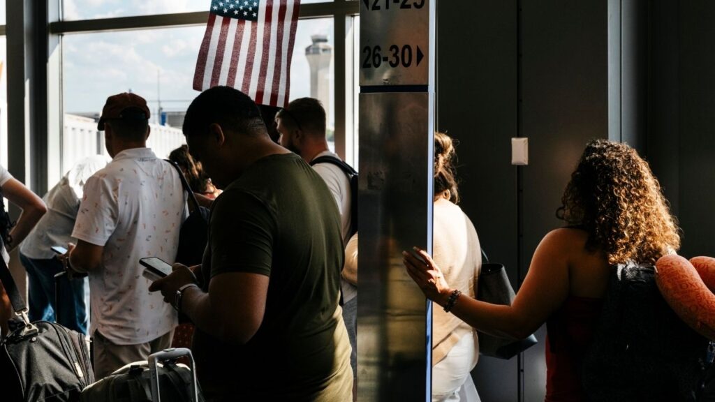 Passengers queue before departing Austin-Bergstrom International Airport in Austin, Texas, Oct. 4, 2023. Airlines have a long history of looking for ways to reduce the weight of their aircraft. (Carter Johnston/The New York Times)