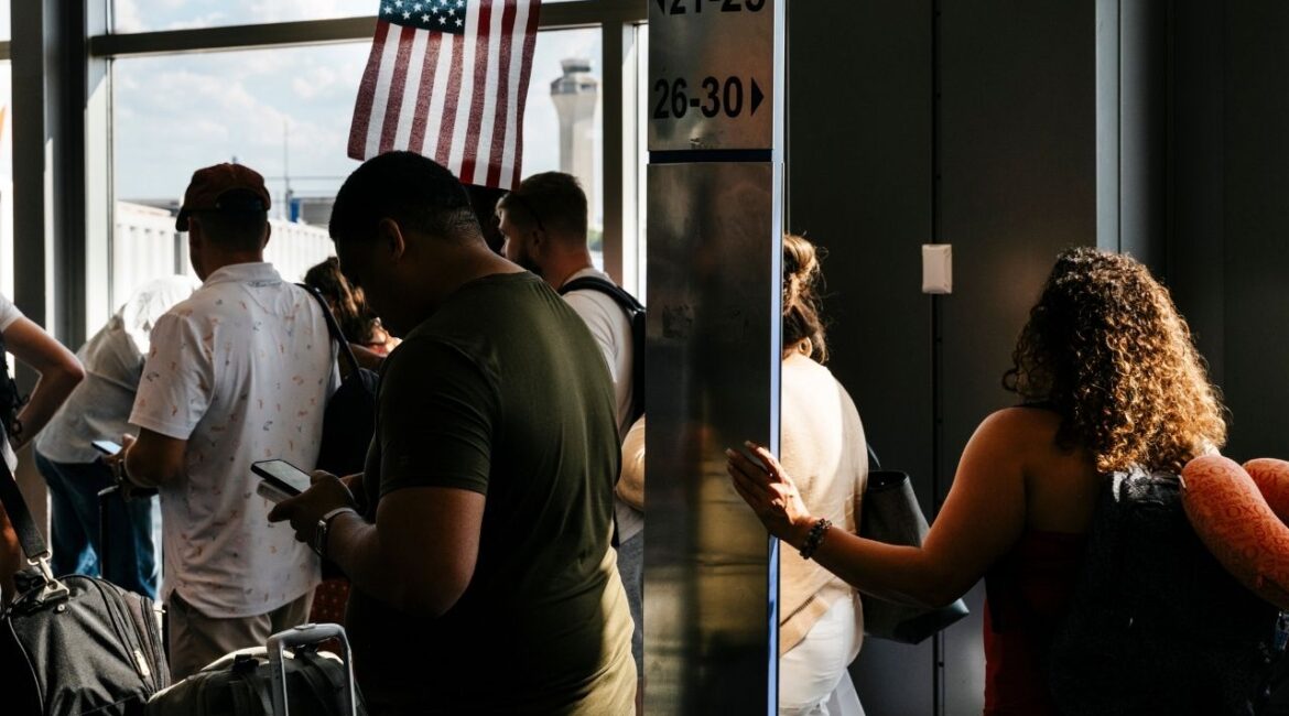 Passengers queue before departing Austin-Bergstrom International Airport in Austin, Texas, Oct. 4, 2023. Airlines have a long history of looking for ways to reduce the weight of their aircraft. (Carter Johnston/The New York Times)