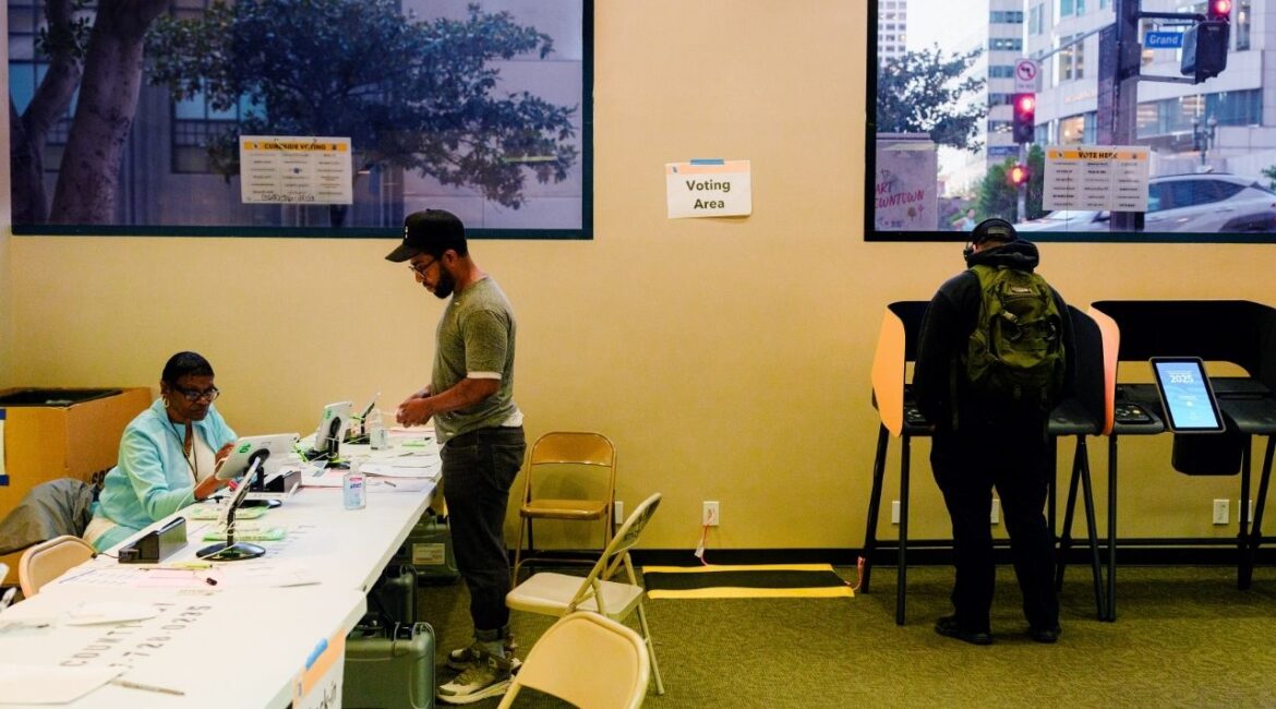 People cast their vote in Los Angeles on Oct. 29, 2025. California scored a key victory on Thursday, Jan. 15, 2026, against the Trump administration over access to the names and personal information of the state’s 23 million voters, persuading a federal judge to dismiss a Justice Department lawsuit filed last year demanding the data. (Gabriela Bhaskar/ The New York Times)