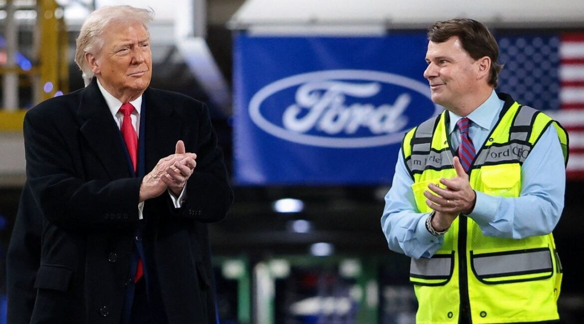 President Donald Trump and CEO of Ford Jim Farley clap, as President Trump visits a Ford production center, in Dearborn, Michigan, U.S., January 13, 2026. (Reuters/Evelyn Hockstein)
