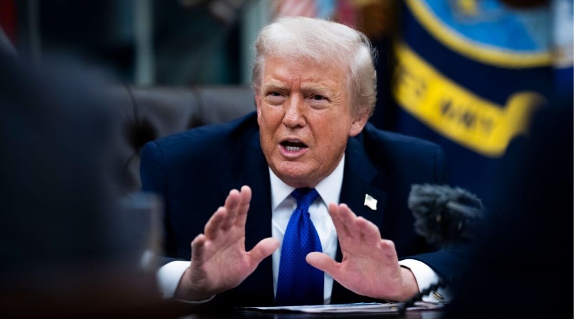 President Donald Trump gestures during an interview with The New York Times in the Oval Office on Wednesday, Jan. 7, 2026. Praising cooperation from Venezuela’s new leaders, including the release of some political prisoners, Trump said on Friday that more U.S. attacks on Venezuela “will not be needed” but that American warships off the country’s coast would stay in place. (Doug Mills/The New York Times)