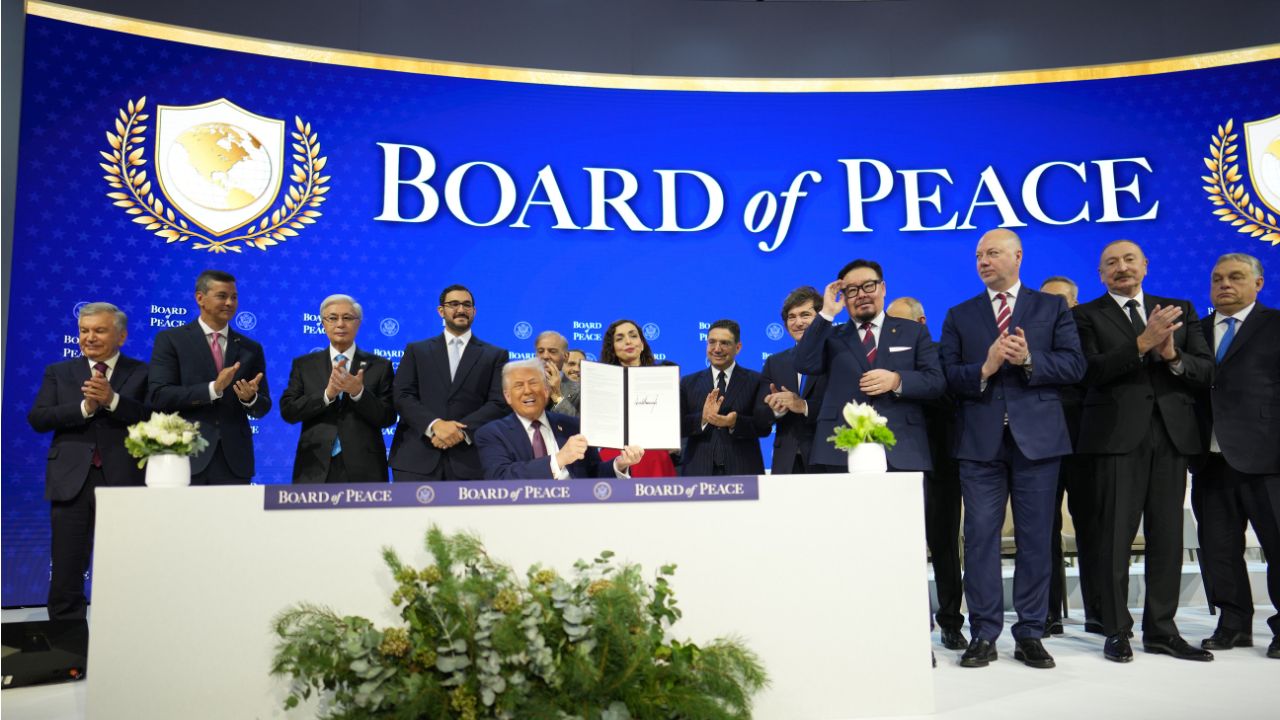 President Donald Trump hosts a signing ceremony for his proposed "Board of Peace," during the World Economic Forum in Davos, Switzerland, on Thursday, Jan. 22, 2026. Trump officials presented a plan to rebuild postwar Gaza that was ambitious in scope but short on details. (Doug Mills/ The New York Times)