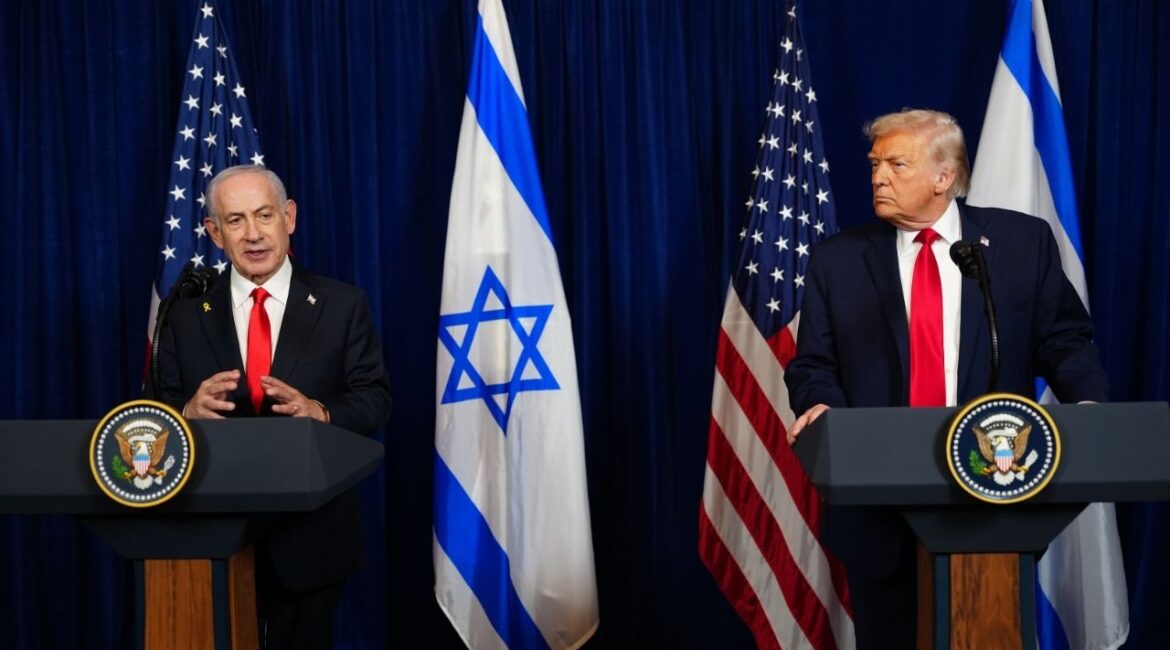 President Donald Trump, right, looks on as Prime Minister Benjamin Netanyahu of Israel speaks during a joint press conference at Mar-a-Lago in Palm Beach, Fla., Dec. 29, 2025. Netanyahu of Israel has asked Trump to postpone any plans for an American military attack on Iran, a senior U.S. official said on Thursday, Jan. 15, 2026, even as the Iranian government continues to grapple with nationwide protests. (Tierney L. Cross/The New York Times)