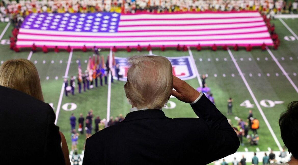 President Donald Trump salutes during the national anthem at the Super Bowl in New Orleans, Louisiana, U.S., February 9, 2025. (Reuters File)