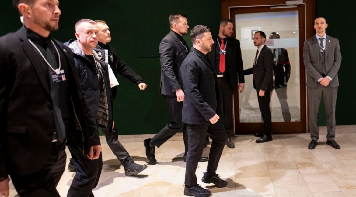 President Volodymyr Zelenskyy of Ukraine arrives with his security detail to meet with U.S. President Donald Trump during the World Economic Forum, in Davos, Switzerland, on Thursday, Jan. 22, 2026. (Doug Mills/The New York Times)