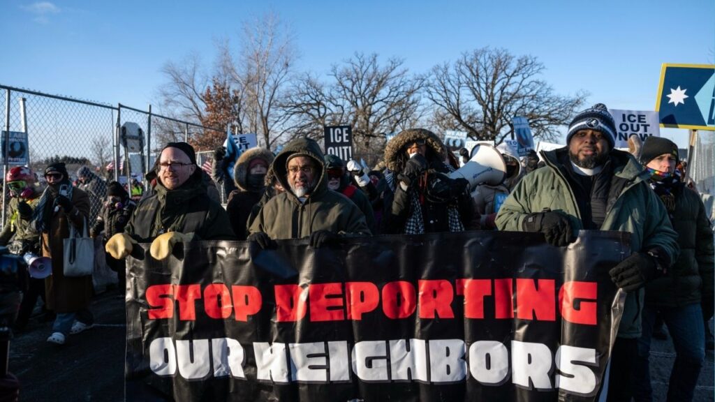 Protesters opposed to the Trump administration’s immigration crackdown rally outside the Whipple Federal Building in Minneapolis on Friday, Jan. 30, 2026. The backlash against the administration has intensified since the killings of two Americans, Renee Good and Alex Pretti, by federal immigration agents in Minneapolis this month. (Victor J. Blue/The New York Times)