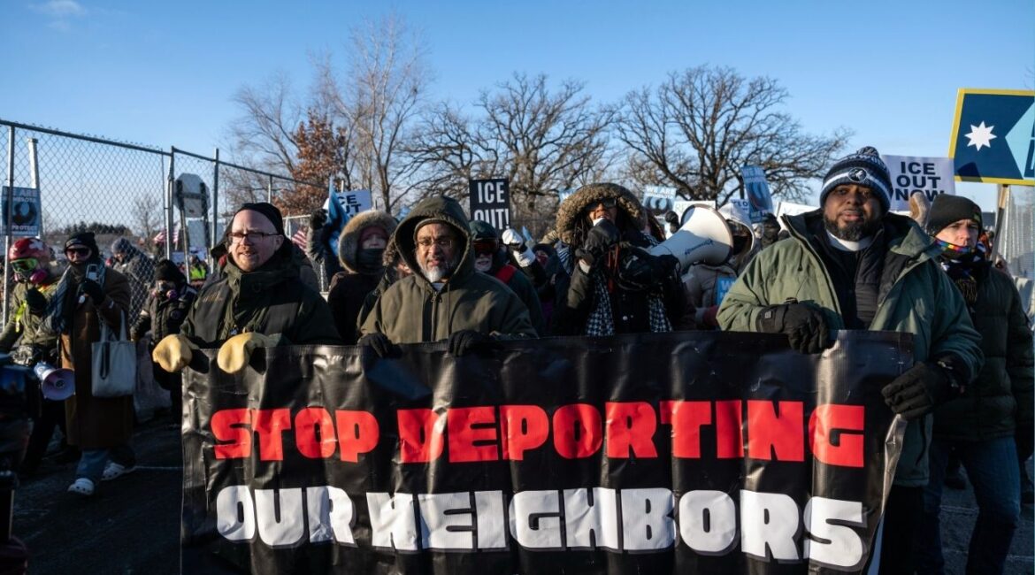 Protesters opposed to the Trump administration’s immigration crackdown rally outside the Whipple Federal Building in Minneapolis on Friday, Jan. 30, 2026. The backlash against the administration has intensified since the killings of two Americans, Renee Good and Alex Pretti, by federal immigration agents in Minneapolis this month. (Victor J. Blue/The New York Times)