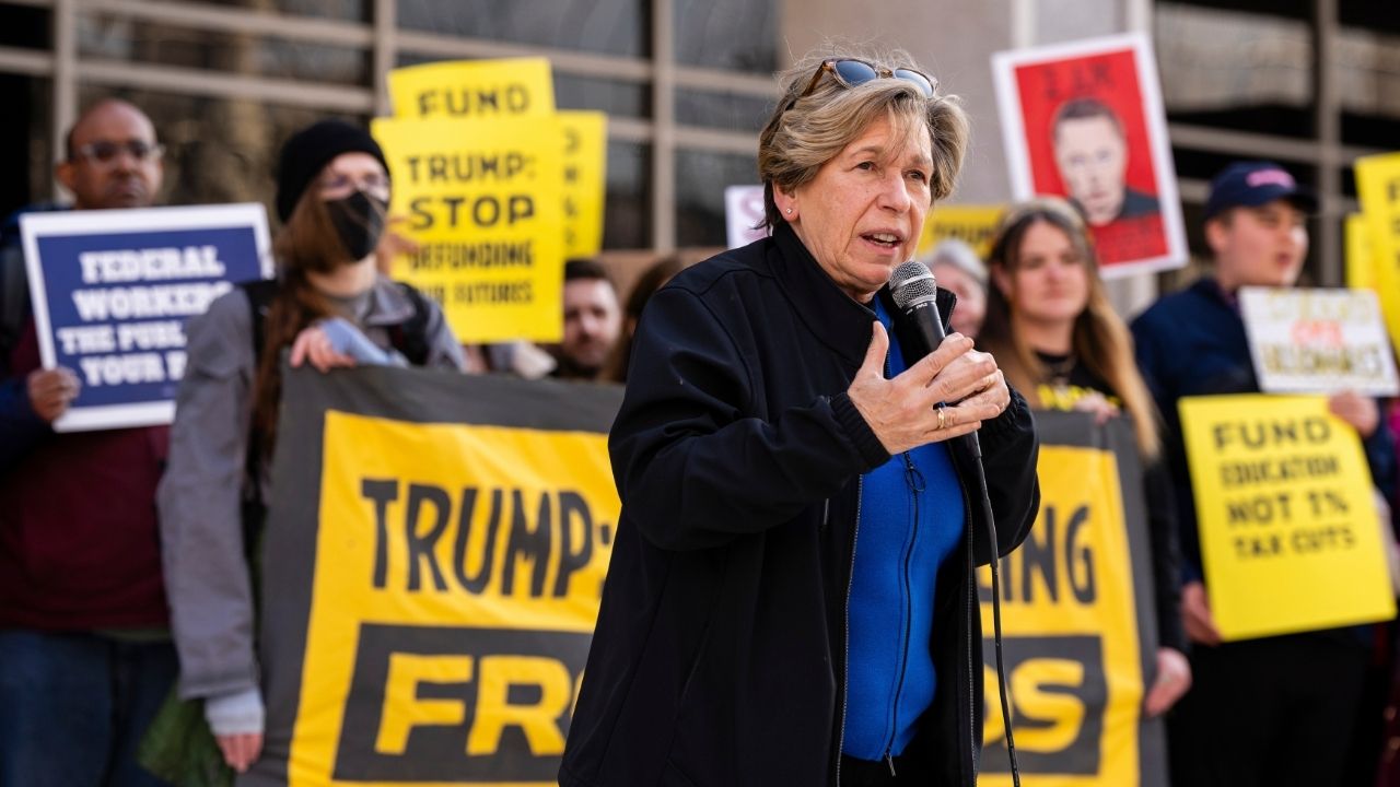 Randi Weingarten, president of the American Federation of Teachers, speaks during a protest outside the Department of Education building in Washington, March 13, 2025. The Trump administration has abandoned one of its major efforts to restrict diversity and equity programs in schools and colleges. (Eric Lee/The New York Times)