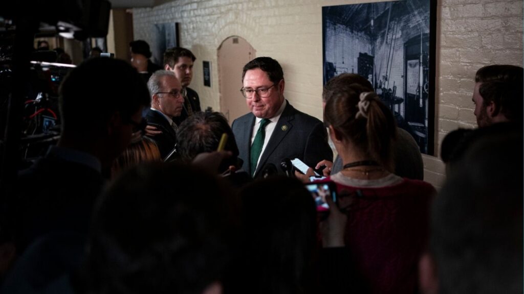 Rep. Mike Flood (R-Neb.) on Capitol Hill, Oct. 19, 2023. A high school student in Nebraska was hit by a car with a mounted “Trump 2024” flag while she appeared to be protesting against ICE outside her school on Jan. 29, 2026. On Friday, Flood condemned the incident and said on social media that the victim was alert and talking after the crash. (Haiyun Jiang/The New York Times).