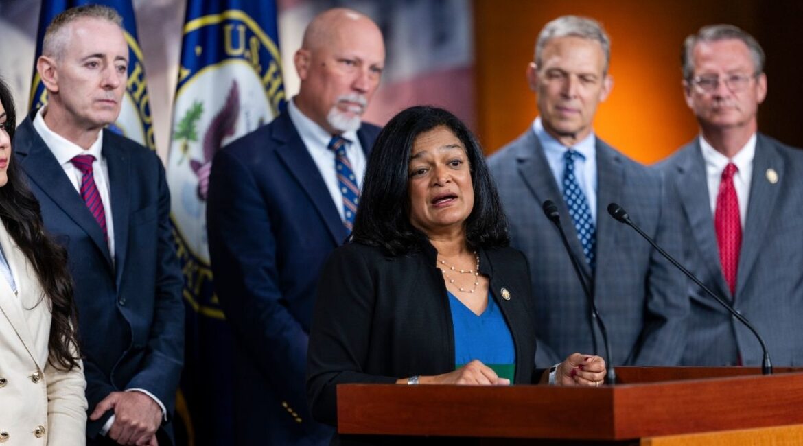 Rep. Pramila Jayapal (D-Wash.), alongside other members of Congress, speaks at a news conference about banning stock trading at the U.S. Capitol in Washington, Sept. 3, 2025. House Republicans on Wednesday, Jan. 14, 2026, advanced a watered-down bill that would impose some restrictions on lawmakers who trade stock, a move that Democrats said only blunted momentum for a more stringent ban with bipartisan support that they were seeking to bring to the floor. (Eric Lee/The New York Times)