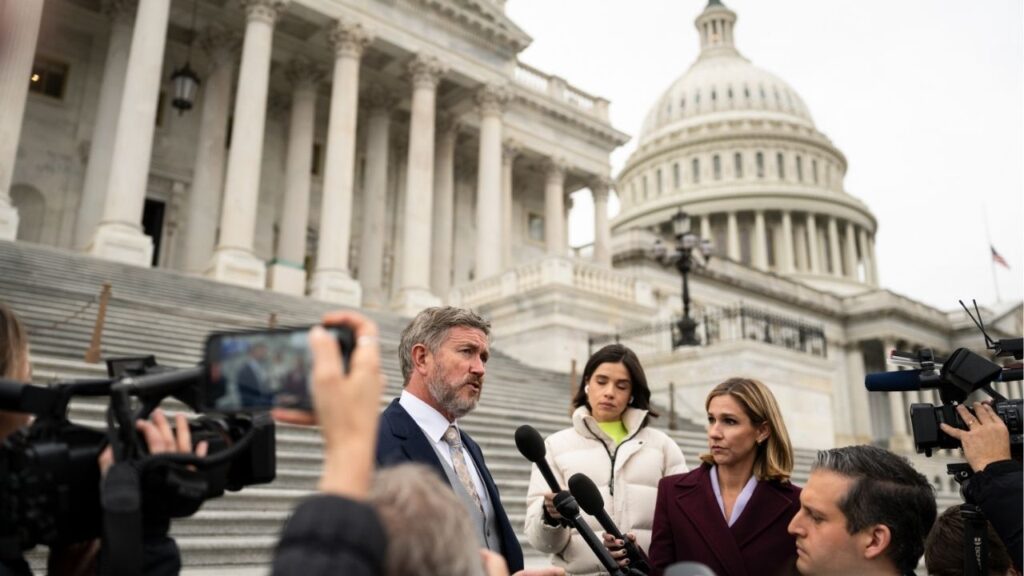 Rep. Thomas Massie (R-Ky.) speaks to reporters outside the Capitol as the House was voting in Washington, on Tuesday, Nov. 18, 2025. In an interview on Jan. 7, he slammed “a flimsy constitutional argument” for the United States’ seizure and prosecution of Nicolas Maduro. (Tierney L. Cross/The New York Times)