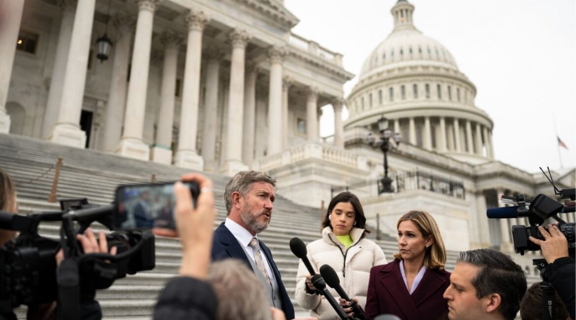 Rep. Thomas Massie (R-Ky.) speaks to reporters outside the Capitol as the House was voting in Washington, on Tuesday, Nov. 18, 2025. In an interview on Jan. 7, he slammed “a flimsy constitutional argument” for the United States’ seizure and prosecution of Nicolas Maduro. (Tierney L. Cross/The New York Times)