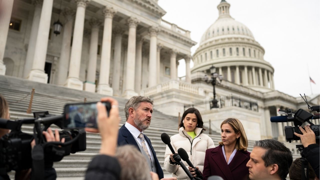 Rep. Thomas Massie (R-Ky.) speaks to reporters outside the Capitol as the House was voting in Washington, on Tuesday, Nov. 18, 2025. In an interview on Jan. 7, he slammed “a flimsy constitutional argument” for the United States’ seizure and prosecution of Nicolas Maduro. (Tierney L. Cross/The New York Times)