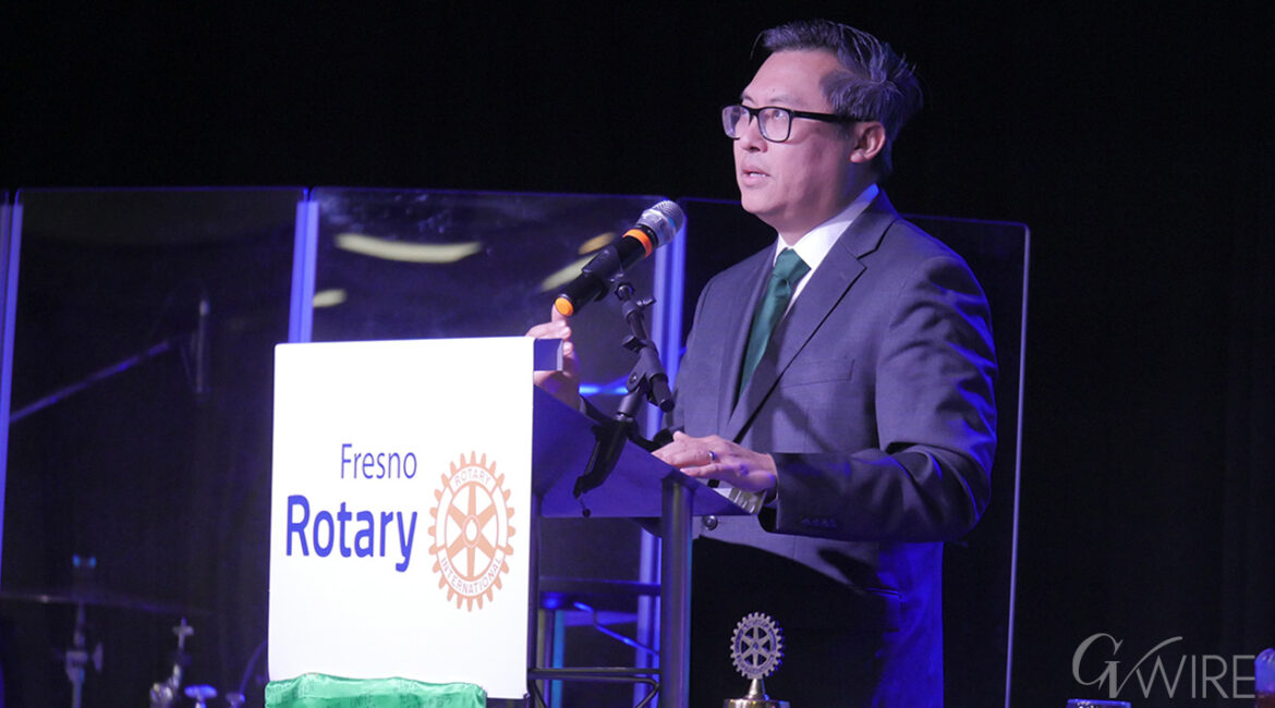 Rep. Vince Fong, R-Bakersfield, gives a speech to the Fresno Rotary