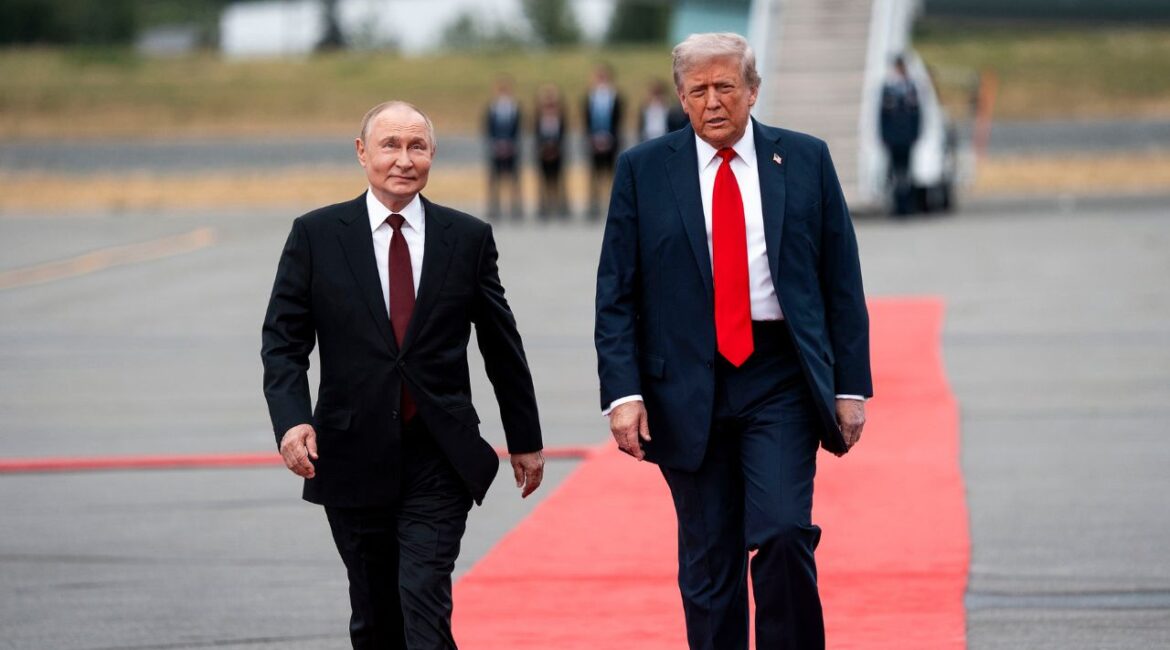 FILE — Russian President Vladimir Putin with President Donald Trump before their summit meeting at Joint Base Elmendorf Richardson in Anchorage, Alaska, Aug. 15, 2025. If the United States under President Trump starts acting as if it’s Russia, where does that leave President Putin? (Doug Mills/The New York Times)