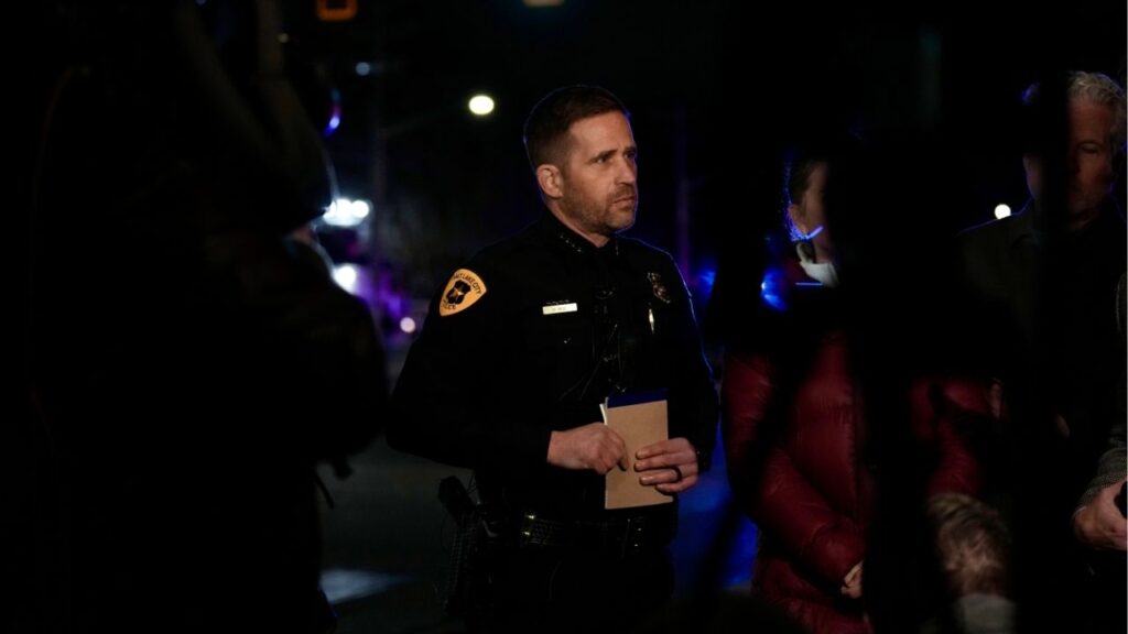 Salt Lake City Police Chief Brian Redd speaks to reporters at the scene of a shooting outside a Church of Jesus Christ of Latter-day Saints meetinghouse in Salt Lake City, Utah, on Wednesday night, Jan. 7, 2026. The shooting killed two people and injured six others, and at least one suspect was at large, the police said. (Niki Chan Wylie/The New York Times)