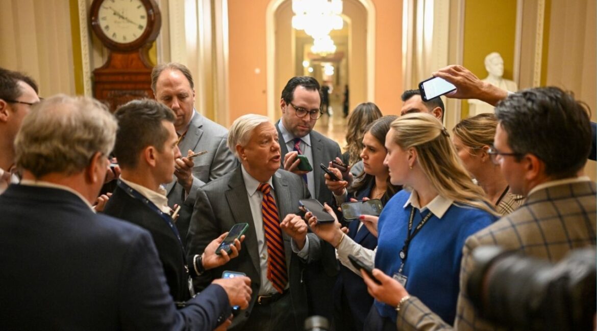 Sen. Lindsey Graham (R-S.C.) speaks to reporters amid ongoing talks toward a short-term budget deal at the Capitol in Washington on Thursday, Jan. 29, 2026. Democrats and the White House agreed to fund the Department of Homeland Security for two weeks while they negotiate restrictions on an immigration crackdown. Senators said they hoped to vote on the deal on Friday. (Kenny Holston/The New York Times)