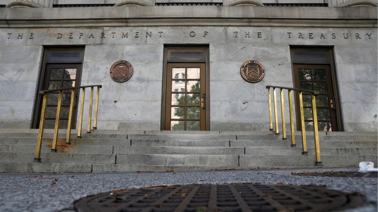 Signage is seen at the United States Department of the Treasury headquarters in Washington, D.C., U.S., August 29, 2020. (Reuters/Andrew Kelly)