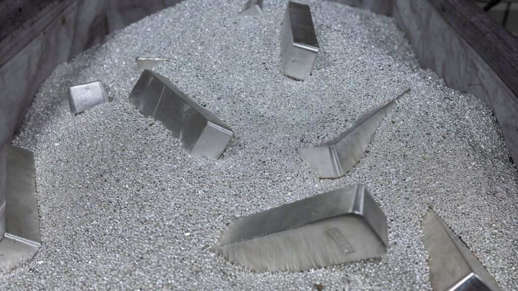 Silvers bars and grains are pictured at the plant of gold and silver refiner and bar manufacturer Argor-Heraeus in Mendrisio, Switzerland, July 13, 2022. (Reuters File)