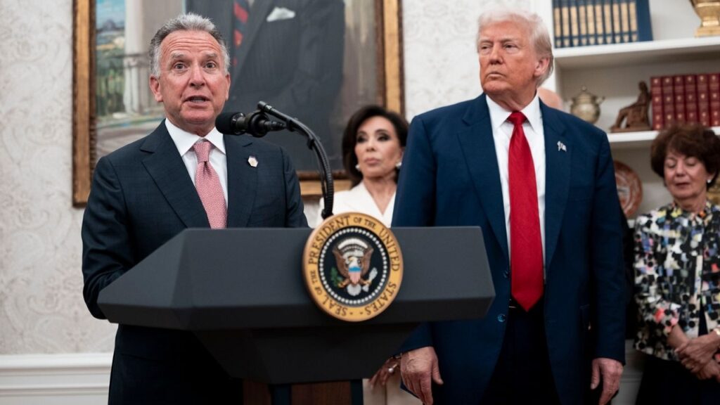 Steve Witkoff, President Donald Trump’s special envoy to the Middle East, speaks to reporters as the president looks on at the White House in Washington, May 28, 2025. An American adventurer who set sail from North Carolina to New Zealand about 18 months ago has ended up imprisoned in Russia, sentenced to five years after being convicted of “arms smuggling” because of a rifle, a pistol and ammunition that he kept aboard his sailboat. (Doug Mills/The New York Times)