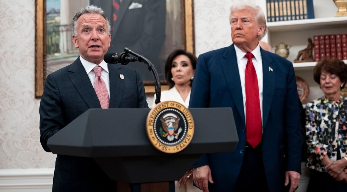 Steve Witkoff, President Donald Trump’s special envoy to the Middle East, speaks to reporters as the president looks on at the White House in Washington, May 28, 2025. An American adventurer who set sail from North Carolina to New Zealand about 18 months ago has ended up imprisoned in Russia, sentenced to five years after being convicted of “arms smuggling” because of a rifle, a pistol and ammunition that he kept aboard his sailboat. (Doug Mills/The New York Times)