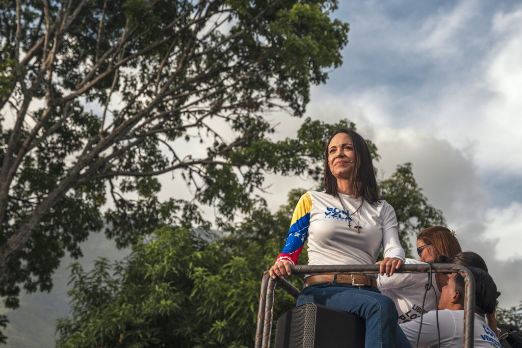 Venezuelan opposition leaser Maria Cornia Machado at rally in Caracas on July 25, 2024. President Donald Trump said on Jan. 8 that he would meet with Machado the following week; she has tried to integrate herself to Trump and earlier this week offered to give him the Nobel Peace Prize she was awarded last year. (Adiana Loureiro Fernandez/ The New York Times)
