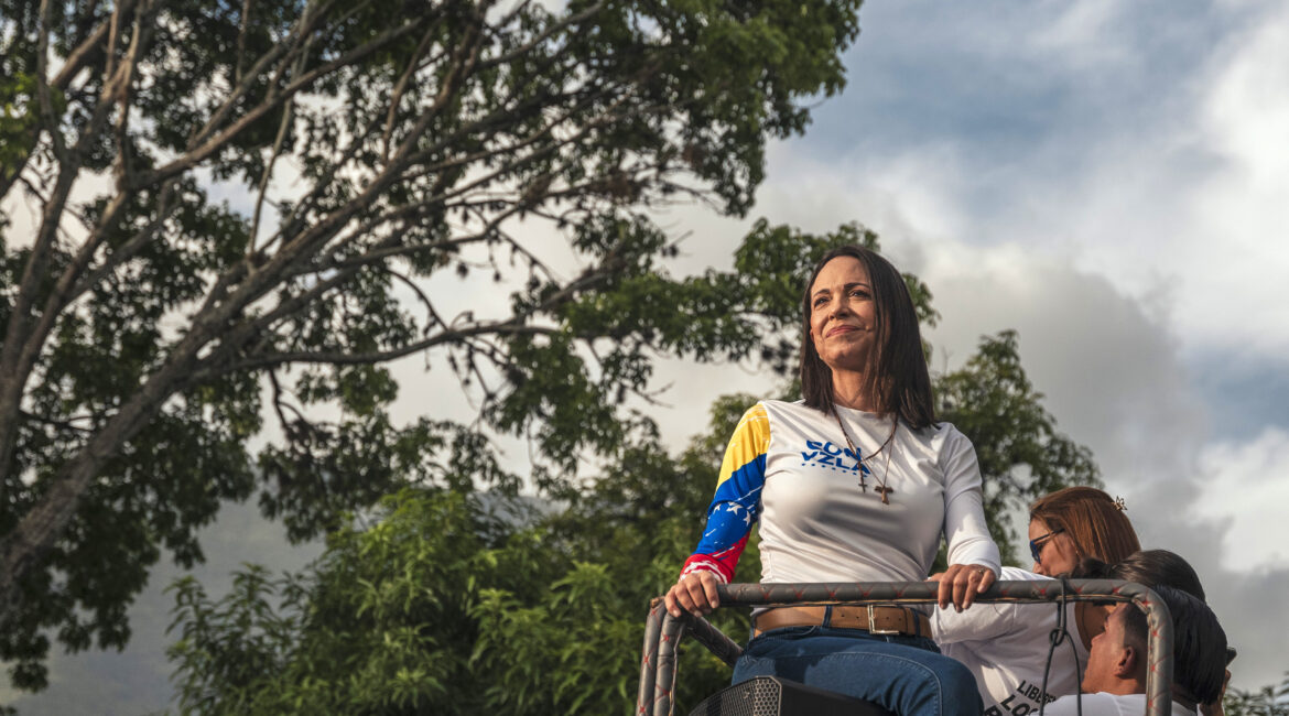 Venezuelan opposition leaser Maria Cornia Machado at rally in Caracas on July 25, 2024. President Donald Trump said on Jan. 8 that he would meet with Machado the following week; she has tried to integrate herself to Trump and earlier this week offered to give him the Nobel Peace Prize she was awarded last year. (Adiana Loureiro Fernandez/ The New York Times)
