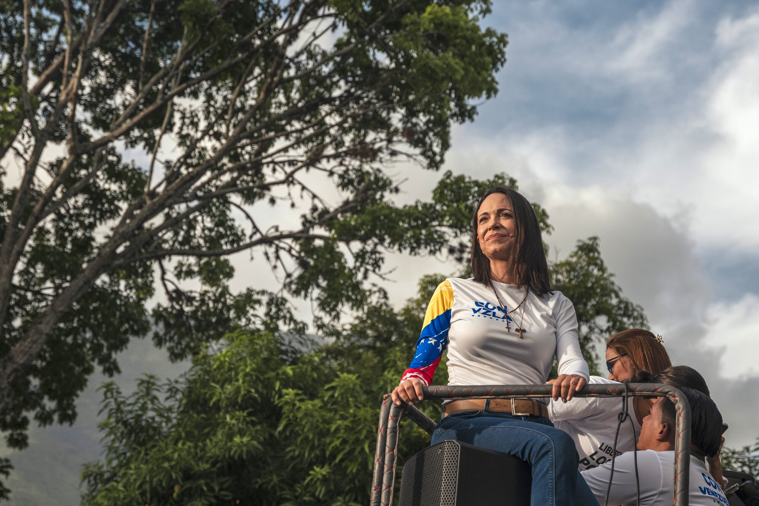 Venezuelan opposition leaser Maria Cornia Machado at rally in Caracas on July 25, 2024. President Donald Trump said on Jan. 8 that he would meet with Machado the following week; she has tried to integrate herself to Trump and earlier this week offered to give him the Nobel Peace Prize she was awarded last year. (Adiana Loureiro Fernandez/ The New York Times)