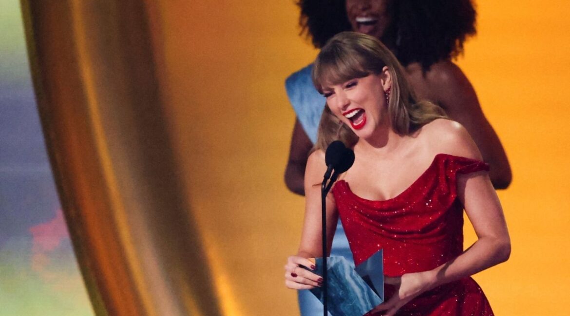 Taylor Swift reacts on stage during the 67th Annual Grammy Awards in Los Angeles, California, U.S., February 2, 2025. (Reuters File)