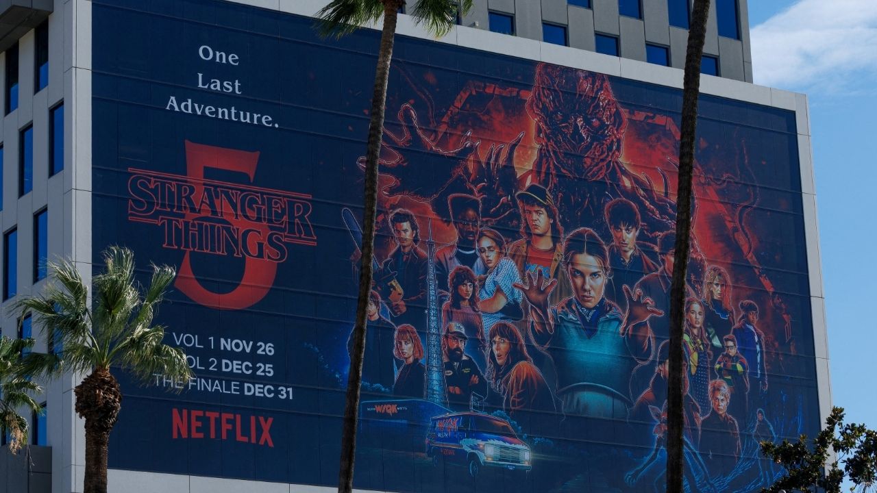 The Netflix logo and an advertisement for "Stranger Things" are shown on one of their buildings in the Hollywood neighborhood of Los Angeles, California, U.S., December 2, 2025. (Reuters/Mike Blake)