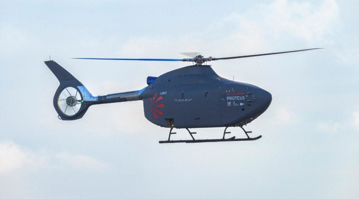 The Proteus, UK's first truly autonomous full-size helicopter, flies as on the day it completed its maiden flight operating from Predannack airfield in Cornwall, Britain, in this handout obtained by Reuters on January 16, 2026. (Simon Pryor/Handout via Reuters)